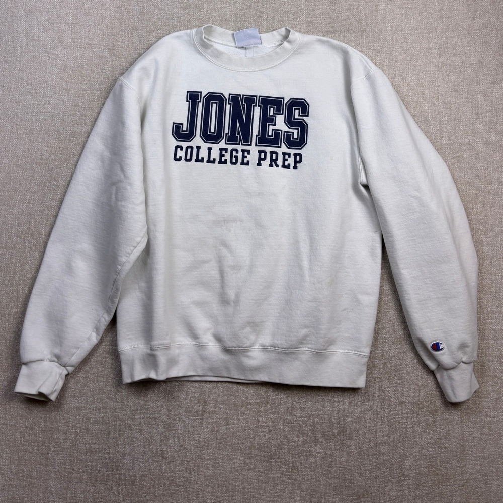 Champion Mens Jones College Prep Sweatshirt White Navy Blue Crewneck Large